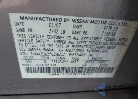 2007 Nissan Altima 2.5 S z USA, uszkodzony, nr VIN 1N4AL21E27C156217